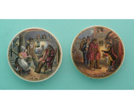 The Ins (15) and The Outs (16) restored chip (2)(Staffordshire, pottery, pot lid, potlid, prattware, advertising).