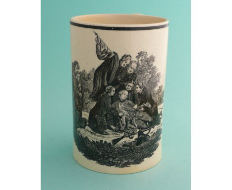 General James Wolfe: a rare cylindrical creamware mug printed in black with a scene of the mortally injured Wolfe attended by