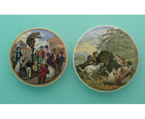 Bear Attacked by Dogs (2) repaired and The Bear Pit (6) with dome (2)(Staffordshire, pottery, pot lid, potlid, prattware, adv