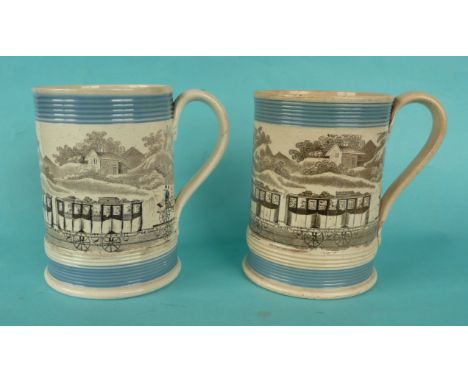 A pearlware mug with moulded decoration in blue, printed in grey with Fury, circa 1840, 126 mm and another similar (2)(Staffo
