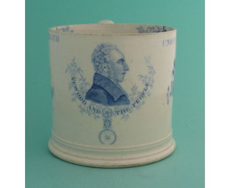 Thomas Atwood MP: a cylindrical pearlware mug printed in blue with a named profile flanked by floral sprays inscribed ‘Union 