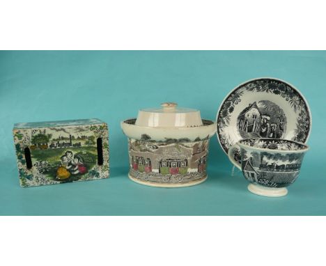 A circular pottery bowl with pierced cover printed in brown and decorated in colours with a railway locomotive named ‘Mail’ p