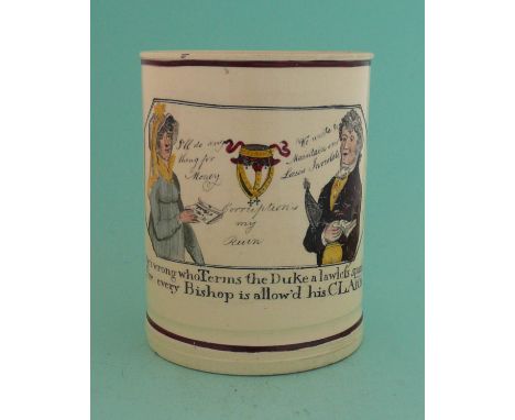 Mary Anne Clarke: a good and rare creamware tankard printed in black and enamelled in colours with figures centred by an inve
