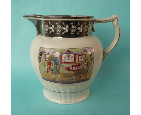 1809 Joseph Hanson and Industrial Unrest: a silver resist pearlware jug printed in purple and decorated in colours with a sce