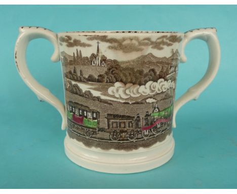 A brown printed cylindrical pottery loving cup by Wood, Challinor &amp; Co, printed in brown and decorated in colours with Ne