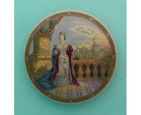 Queen Victoria on Balcony (150) medium(Staffordshire, pottery, pot lid, potlid, prattware, advertising).