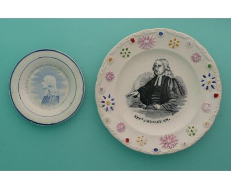 Rev John Wesley: a miniature pearlware plate printed in blue with an inscribed and dated profile, circa 1820, 102mm and a nur