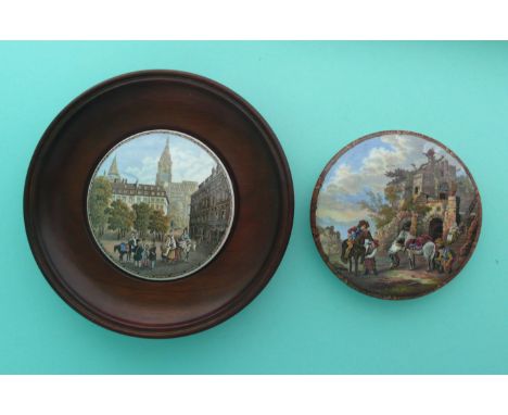 French Street Scene (312) framed and The Farriers (324) (2)(Staffordshire, pottery, pot lid, potlid, prattware, advertising).