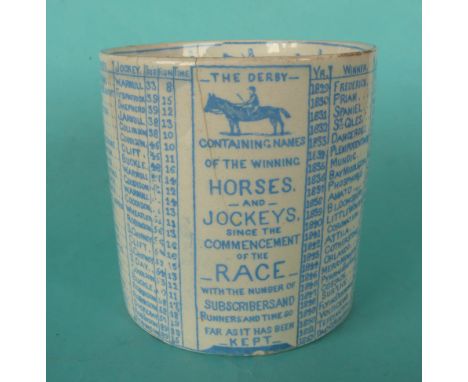 The Derby Horse Race: a pottery mug by Lloyd and Co of Middlesbrough printed in blue with a list of the winners from 1780 to 