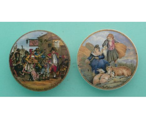 The Parish Beadle (236) rim chip at nine o’clock, Lady Boy and Goats (316) (2)(Staffordshire, pottery, pot lid, potlid, pratt
