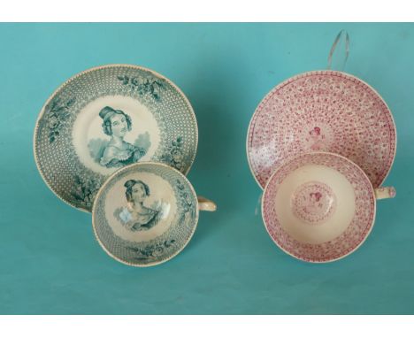 1837/38 Victoria: a green printed cup and saucer with central portrait within a wide border, named and printed mark on the un