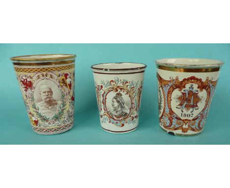 An enamelled metal beaker printed with a portrait of Emperor Franz Joseph I dated 1848 – 1898, another for 1897 Victoria and 