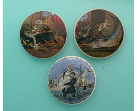 Pretty Kettle of Fish (48) Lobster Sauce (49) Landing the Fare (38) (3)(Staffordshire, pottery, pot lid, potlid, prattware, a