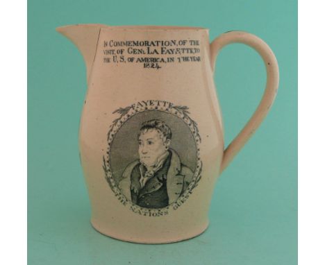1824 Visit to America by La Fayette: a creamware jug by R Hall &amp; Son printed in black with portraits including George Was