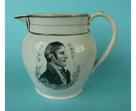 Daniel O’Connell: a pearlware jug lined and printed in black with a named profile centred by the inscription ‘Erin Ma Vorneen