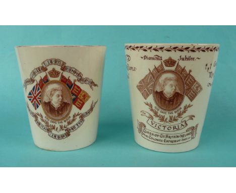 1897 Jubilee: a Doulton Burslem pottery beaker with sepia portrait flanked by flags in colours and another similar all in bro