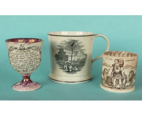 A large pottery mug printed in black with a view of the Great Exhibition, circa 1851, 126mm, rim chipped, a mug with named st