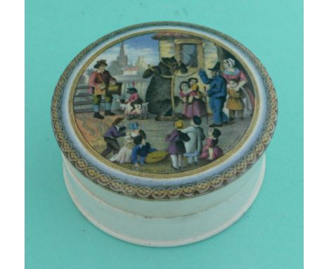 The Village Wakes (232) fancy border, with base (2)(Staffordshire, pottery, pot lid, potlid, prattware, advertising).