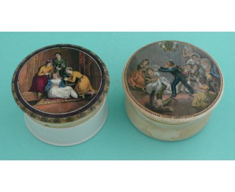 The Bride (97) and Blind Mans Buff (246) both with bases (4)(Staffordshire, pottery, pot lid, potlid, prattware, advertising)