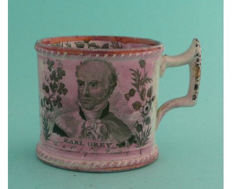 Earl Grey and Reform: a small pink lustre mug printed in black with a named portrait, the underside with printed C &amp; R ma