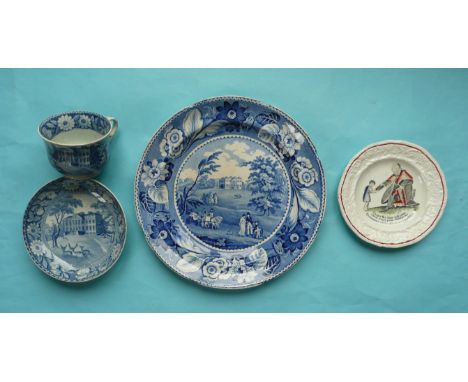 A pearlware cup and saucer also a plate each printed in blue with views of Claremont House, circa 1817 also a Bible presentat