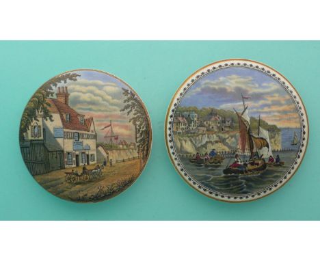 Belle Vue Tavern with Carriage (28) and Pegwell Bay Lobster Fishing (24) (2)(Staffordshire, pottery, pot lid, potlid, prattwa
