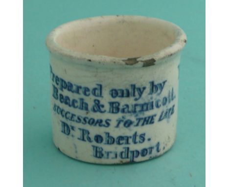 A blue printed Poor Mans Friend ointment pot inscribed ‘Prepared only by Beach &amp; Barmicott successor to the late Dr Rober