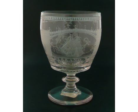 A fine glass rummer the rounded bowl well engraved with a named scene of a ship sailing beneath the Sunderland Bridge, on the