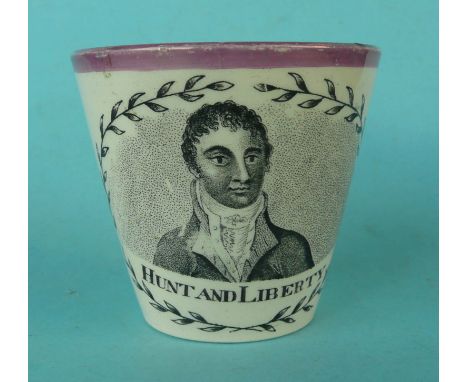Henry Hunt: a good and rare small pink lustre banded beaker printed in black with a named portrait, the revers painted with a