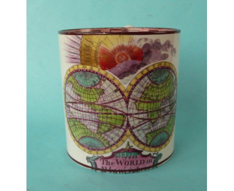 A pearlware mug printed in purple and attractively coloured with ‘The World in Planisphere’, circa 1810, 103mm, restored(comm