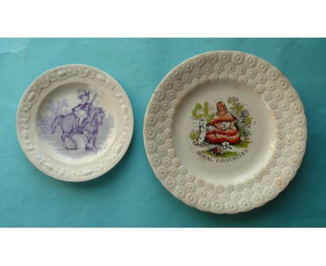 A nursery plate by Moore &amp; Co with moulded scroll border, printed in blue with an equestrian portrait, the underside with