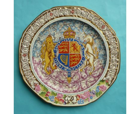 1937 Coronation: a large Paragon plate well decorated in colours and gilt, 330mm(commemorative, pottery, royal, royalty, coro