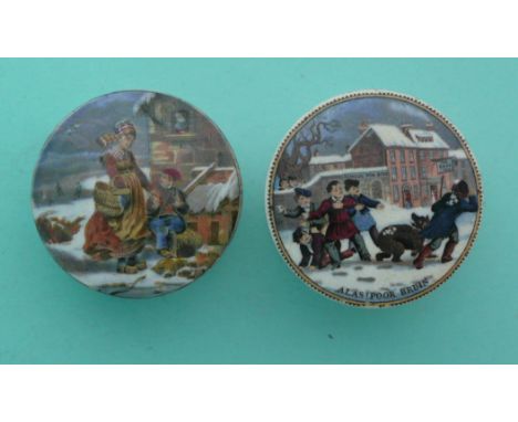 Dutch Winter Scene (66) and Alas, Poor Bruin (1) both with bases (4)(Staffordshire, pottery, pot lid, potlid, prattware, adve