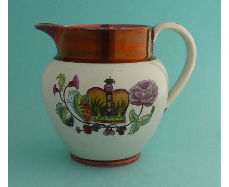 1821 Coronation: a good and rare pearlware copper and pink lustre decorated jug printed in black and decorated in colours wit