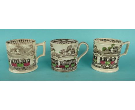 A brown printed cylindrical pottery mug with colour decoration depicting Fury circa 1840, 82 mm and two others similar Wooda 