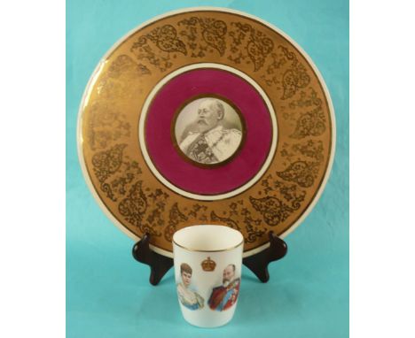 Edward VII: a Doulton Burslem porcelain curved sided beaker for 1902 coronation and a large circular pottery plaque with cent