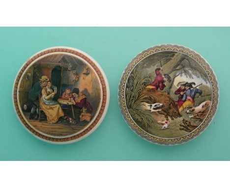 The Best Card (254) large, fancy border and The Boar Hunt (2620 late issue (2)(Staffordshire, pottery, pot lid, potlid, pratt