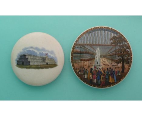 Grand Exhibition 1851 (135) flange restored, The Crystal Palace (137) rim restored (2)(Staffordshire, pottery, pot lid, potli