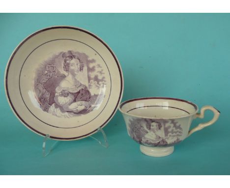 1837/38 Victoria: a pottery cup and saucer by Dixon Phillips &amp; Co printed in purple with a seated portrait, Windsor Castl