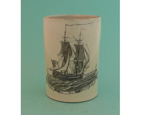 A pearlware tankard printed in black with a ship under sale above the ribboned inscription ‘Succefs to the British Fleet’, si