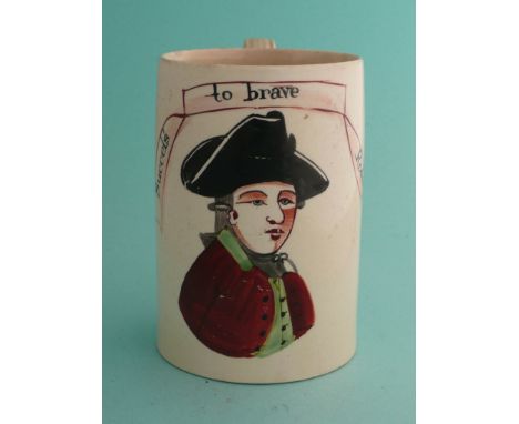 Admiral Rodney: a creamware mug painted in colours with an inscribed portrait, circa 1780, 123mm, cracked(commemorative, pott