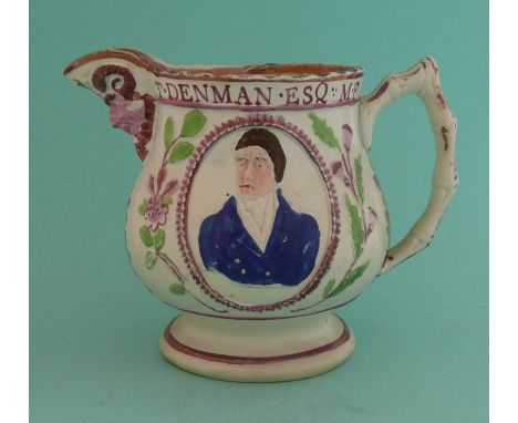 Thomas Denman and Henry Brougham: a pink lustre decorated pearlware jug with maskhead spout, moulded with portrait ovals name