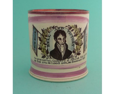 1826 General Election in Alnwick: a good pink lustre decorated cylindrical mug printed in brown and coloured blue with a name