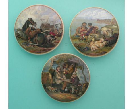 War (219) Peace (220) and A Fix (256) (3)(Staffordshire, pottery, pot lid, potlid, prattware, advertising).