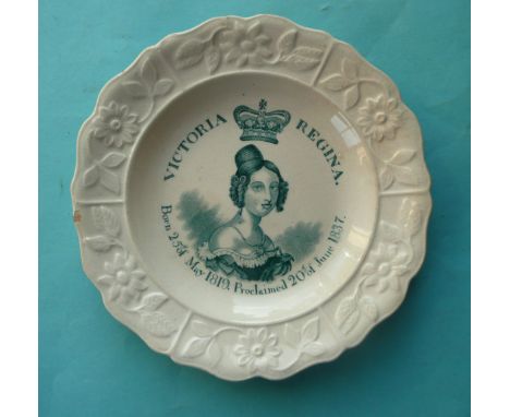 1837 Proclamation: a Staffordshire pottery nursery plate with floral moulded border, printed in green with a named and dated 