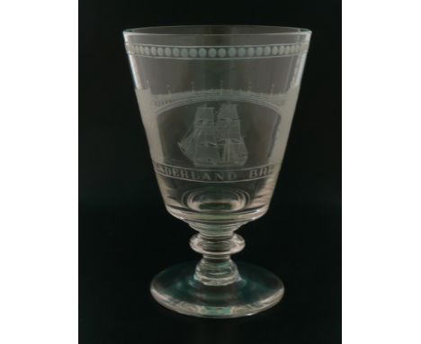A heavy glass rummer the bucket shaped bowl engraved with a rectangular panel depicting a ship passing beneath the Sunderland