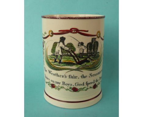 God Speed the Plough: a good creamware mug printed in black and enamelled in colours with a ploughing scene and two lines of 