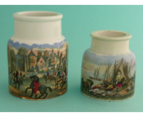 Mending the Nets (70) rim restored and Meet of the Foxhounds (81) (2)(Staffordshire, pottery, pot lid, potlid, prattware, adv