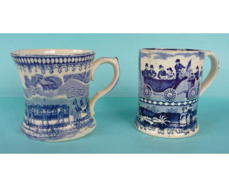 A waisted pottery mug printed in blue with the locomotive Jalo, circa 1845, 89mm and another in blue with entrance to ‘The Li