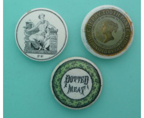 Holloway’s Ointment 2s/9d, rim chip at eleven o’clock, Gosnell’s Cherry Toothpaste and a potted meat lid (for the Deerstalker